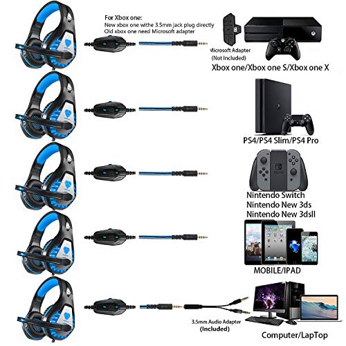 Pacrate Auriculares Gaming para PS4/Xbox One/Nintendo Switch, GH-1 Cascos Gaming con Sonido Envolvente y Cancelación de Ruido Auriculares Diadema con 3.5mm Jack con Luz LED