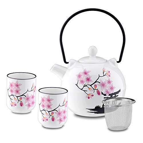 Panbado Juego de té de porcelana japonesa , contiene 1 tetera de 700 ml con 2 tazas de té de 150 ml y colador de té de acero inoxidable, decoración de cerezos en flor Torii