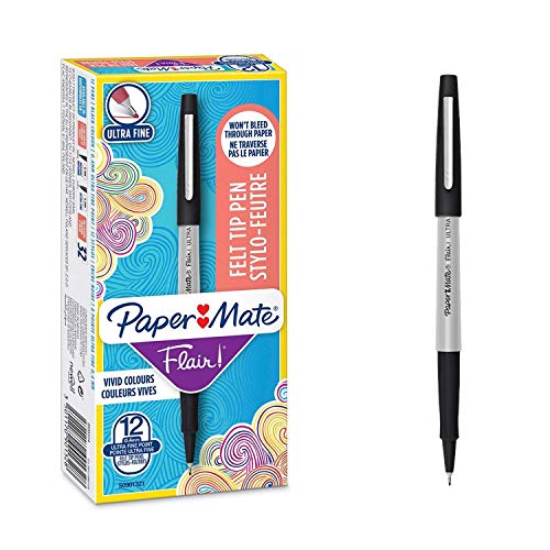 Paper Mate Flair UF - Rotulador, punta ultrafina de 0.4 mm, caja de 12, color negro