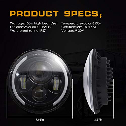 Par 7" Luz de trabajo LED 300W 30000LM 4 lentes Angel Eyes 3000K+6000K 4 modos de Iluminación Redondo Negro Cree Lights LED Off Road Fire Cross DRL HI LO Haz para Wrangler JK TJ LJ CJ Humm-er H1 H2