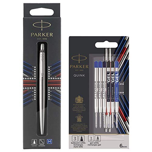 Parker - Bolígrafo Stainless Steel CT + Pack de 3 recambios para bolígrafos y 3 recambios de tinta de gel, color azul y negro