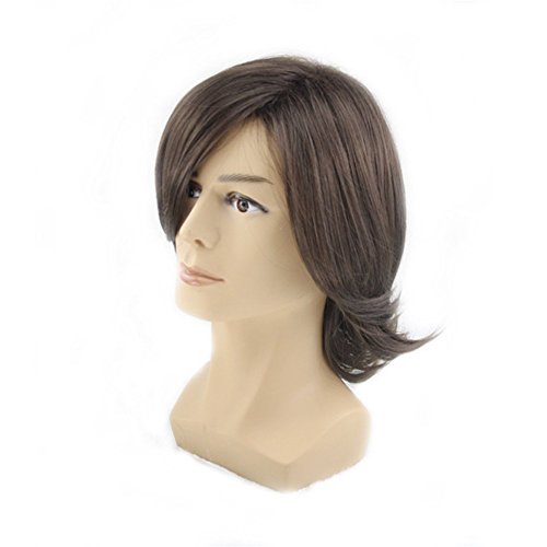 Peluca de pelo corto medio rizado con flequillo lateral para hombre cosplay fiesta peluca sintética de moda estilo europeo (marrón oscuro)