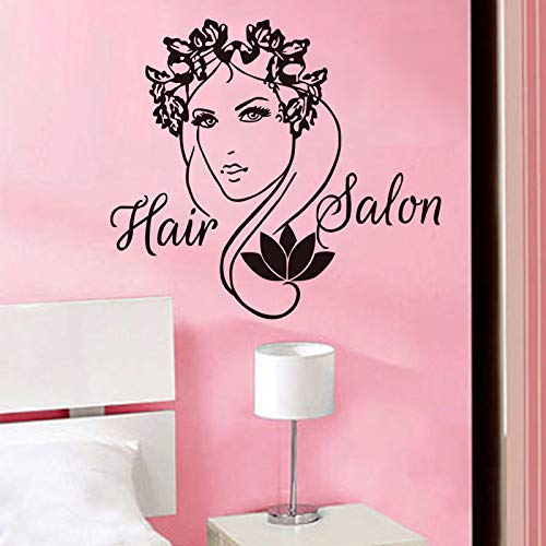 Peluquería Logo Vinilo Etiqueta de La Pared Dama Con Flor Tatuajes de Pared Decoración para el Hogar Sala de estar Tatuajes de Pared 55x50 cm