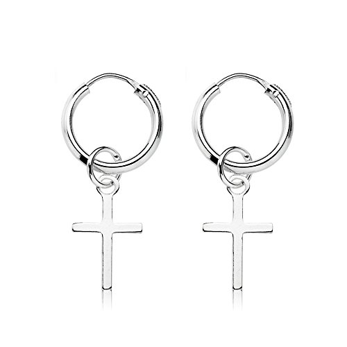 Pendientes Cruz Plata, Pendientes Aro con Cruz para Hombre y Mujer, Pendientes de Aro de Plata, Pendientes Cruz 14 mm, Pendientes con Pluma, Rayo, estrella perfectos para tu estilo de vida.