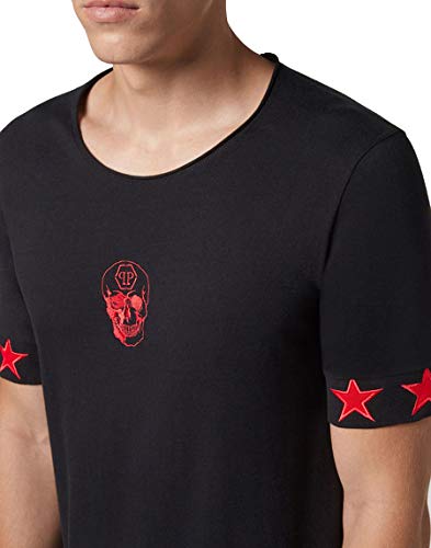 Philipp Plein - Camiseta de manga corta con cuello redondo, color negro y rojo Negro Negro ( XXL