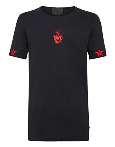 Philipp Plein - Camiseta de manga corta con cuello redondo, color negro y rojo Negro Negro ( XXL