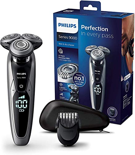 Philips Serie 9000 S9711/41 - Máquina de afeitar con cabezales de 8 direcciones, seco/húmedo y 3 modos, 60 min de batería incluye perfilador de barba con 5 posiciones y funda de viaje, plata