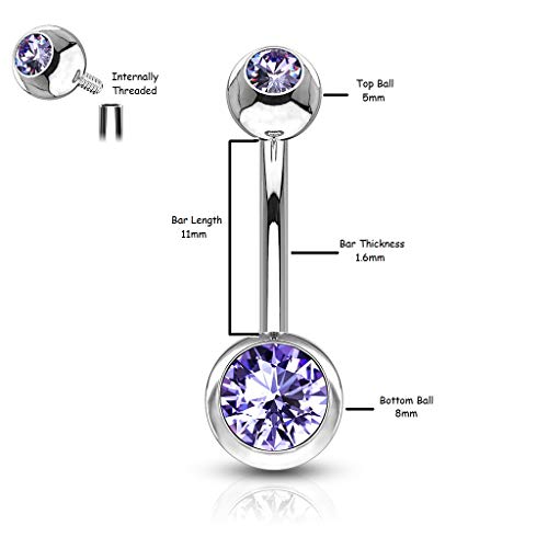 PiercedOff - Anillo de ombligo de doble gema, con rosca interior - 1,6 mm.