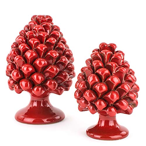 Piñas sicilianas ornamentales rojas, altura 20 cm + altura 25 cm, par de piñas de cerámica de Caltagirone hechas a mano