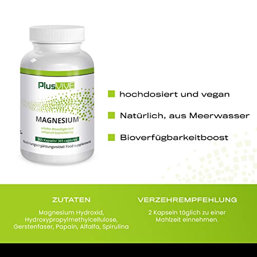 Plusvive - Hidróxido de magnesio con fórmula de mejora de la biodisponibilidad (760 mg), 365 Cápsulas Veganos