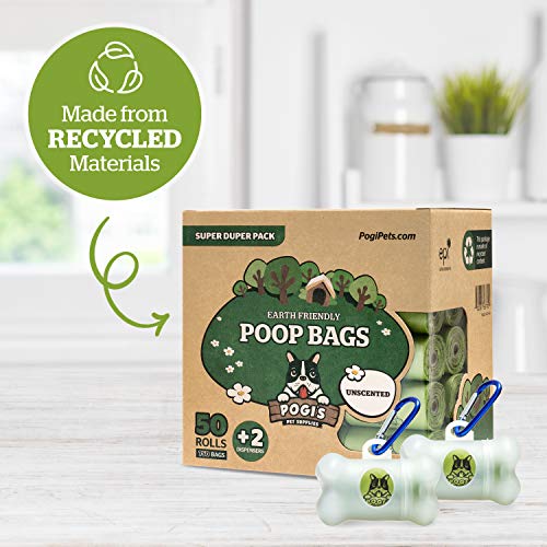 Pogi's Poop Bags - Bolsas para excremento de Perro + 2 dispensador - 50 Rollos no perfumados (750 Bolsas) - Grandes, Biodegradables, Herméticas