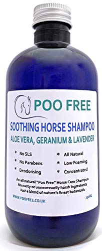 POO FREE Natural - CHAMPÚ CALMANTE para Caballos - con Aloe Vera, Geranio & Lavanda - 250ml Sulfatos, Sin Parabenos, Sin Silicona. Concentrado, Limpia, Calma, Hidrata, Alivia.