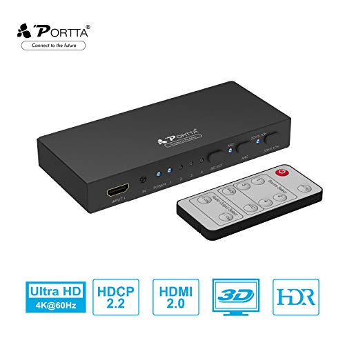 Portta HDMI Switch 4K@60HZ 4x1 Conmutador con Extractor de Audio Toslink SPDIF Óptico Coaxial Estéreo & ARC, 4 Entrada x 1 Salida con Control Remoto HDCP2.2 HDR 4Kx2K para PS3/PS4/X-BOX Pro DVD HDTV