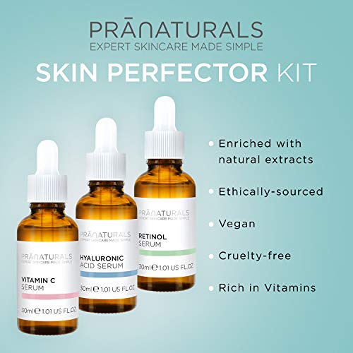 PraNaturals Kit de Sérums Faciales 3x30ml - Ácido Hialurónico, Retinol y Vitamina C - Borra las Líneas Finas y las Arrugas, Enriquecido con Aceites y Vitaminas Naturales