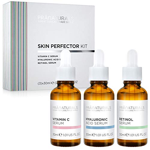 PraNaturals Kit de Sérums Faciales 3x30ml - Ácido Hialurónico, Retinol y Vitamina C - Borra las Líneas Finas y las Arrugas, Enriquecido con Aceites y Vitaminas Naturales