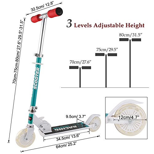 Profun Patinete 2 Ruedas Patinete Plegable para Niños Patinete Infantil con Freno Altura del Manillar Ajustable Patinete Niño Scooter Patinete con Luces LED para Niñas de 3 - 12 Años