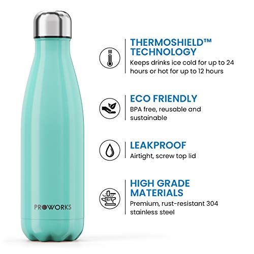 Proworks Botellas de Agua Deportiva de Acero Inoxidable | Cantimplora Termo con Doble Aislamiento para 12 Horas de Bebida Caliente y 24 Horas de Bebida Fría - Libre de BPA - 500ml – Verde