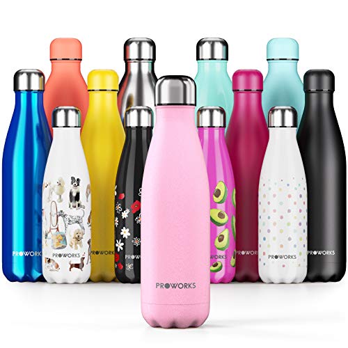 Proworks Botellas de Agua Deportiva de Acero Inoxidable | Cantimplora Termo con Doble Aislamiento para 12 Horas de Bebida Caliente y 24 Horas de Bebida Fría - Libre de BPA - 1L - Rosa Pastel