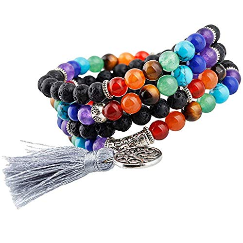 Pulsera Mujer,Pulsera con Cuentas para Las Mujeres Natural Piedra Árbol Colgante Largo Gris Borla Yoga Cuentas Elastic Line Stretch Handmade Bracelet For Ladies Men Couple Charm Jewelry