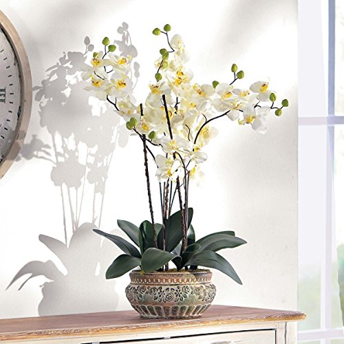 Pureday Planta Artificial orquídea orquídea Blanco-Crema con Maceta de cerámica marrón 58 cm de Altura