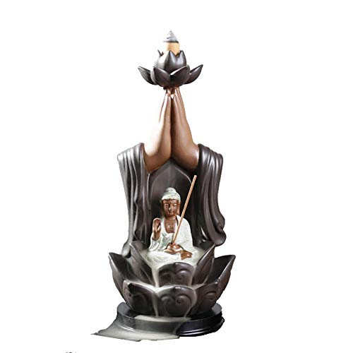 Quemador de incienso Buda de reflujo con 10 piezas de cono de incienso de reflujo, de cerámica para el hogar, quemador de incienso (estilo 1)