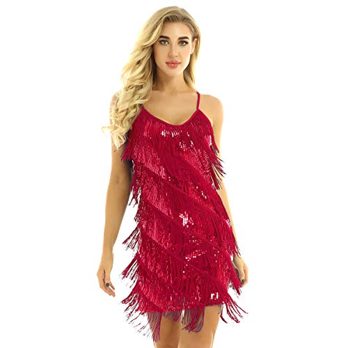 ranrann Vestido de Baile Latino Flecos para Mujer Vestido de Tango Salsa Rumba Lentejuelas Traje de Baile de Salón Cha Cha Disfraz Fiesta Noche Dancewear Rojo One_Size