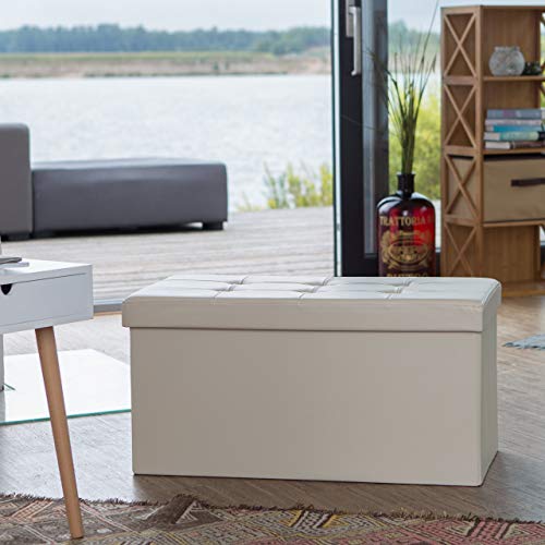 Relaxdays Faltbare Sitzbank 38 x 78 x 38 cm HxBxT, 2-Sitzer m. Stauraum, Kunstleder Sitzhocker 300 kg belastbar, Creme Banco Asiento Plegable, Piel Sintética, 76x38x38 cm