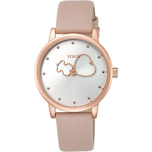 Reloj Tous Bear Time de acero IP rosado con correa de piel nude Ref:800350925