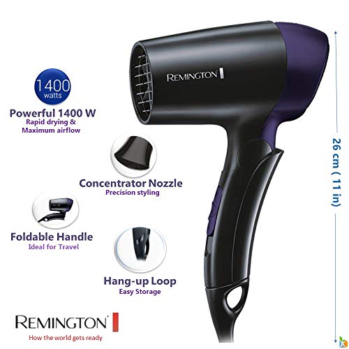 Remington D2400 Secador de Pelo de Viaje, Plegable, Concentrador, 1400 W, Voltaje Universal, Negro y Morado