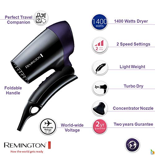 Remington D2400 Secador de Pelo de Viaje, Plegable, Concentrador, 1400 W, Voltaje Universal, Negro y Morado