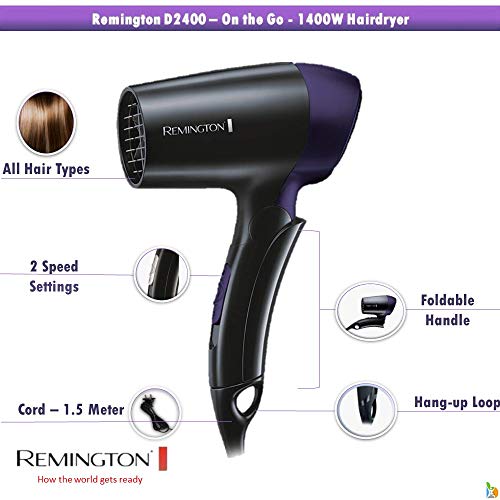 Remington D2400 Secador de Pelo de Viaje, Plegable, Concentrador, 1400 W, Voltaje Universal, Negro y Morado