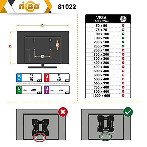 RICOO S1022, Soporte TV Pared, Giratorio, Inclinable, Televisión 27-55" (69-140cm) Brazo Universal, Televisor LED/LCD/Curvo, VESA 75x75-200x200, Negro