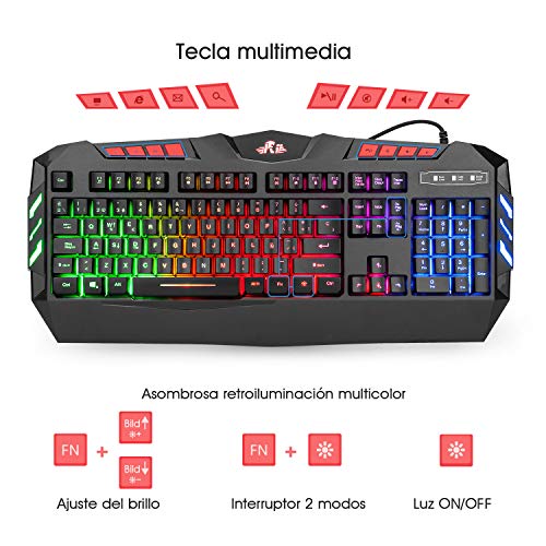 Rii RK900+ Teclado Gaming con sensibilidad mecánica Completo,Combo de Teclado y ratón con Cable,Diseño Gaming Multicolor retroiluminado,Especial para Gamers.