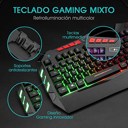 Rii RK900+ Teclado Gaming con sensibilidad mecánica Completo,Combo de Teclado y ratón con Cable,Diseño Gaming Multicolor retroiluminado,Especial para Gamers.