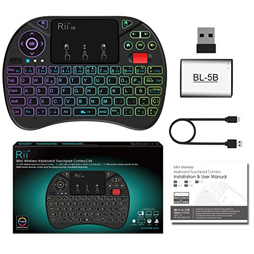 Rii X8 (Nueva versión 2018) - Mini teclado inalámbrico retroiluminado con pantalla táctil 2.4GHz y Rueda de Scroll, dispone de 8 cambios de color