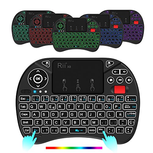 Rii X8 (Nueva versión 2018) - Mini teclado inalámbrico retroiluminado con pantalla táctil 2.4GHz y Rueda de Scroll, dispone de 8 cambios de color