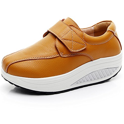 rismart Mujer Cuña Bucle Cómodo Linda Cuero Zapatillas Zapatos SN8787(Tan,EU40.5)