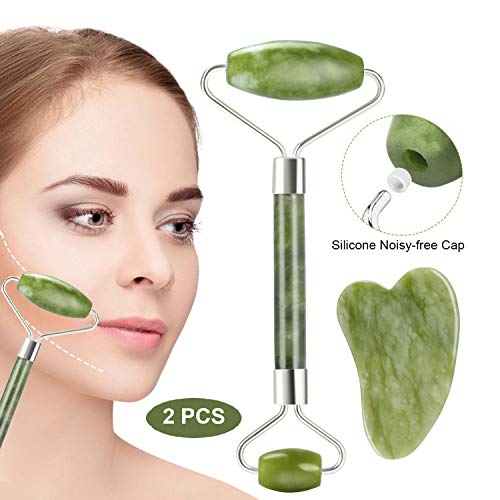 Rodillo de Jade, Aiemok Facial Masaje Piedra Gua Sha Jade, Natural Jade Roller Antienvejecedor Belleza Natural Dispositivo Herramienta Rejuvenece La Piel De La Cara Cuello y Cuerpo, Piel Que Aprieta