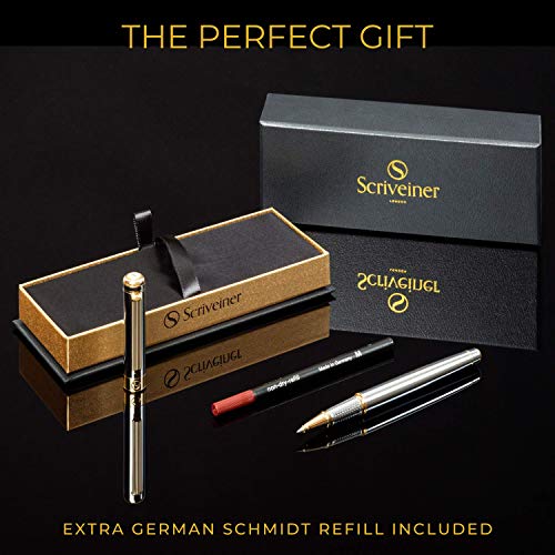 Rollerball Pen de Scriveiner London - Bolígrafo Roller de Gama Alta con Acabado en Oro de 24 Quilates, Recambio Schmidt, Regalo Hombres y Mujeres, Bolígrafos Profesionales de Diseño (Cromado Plata)