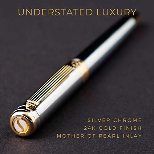 Rollerball Pen de Scriveiner London - Bolígrafo Roller de Gama Alta con Acabado en Oro de 24 Quilates, Recambio Schmidt, Regalo Hombres y Mujeres, Bolígrafos Profesionales de Diseño (Cromado Plata)