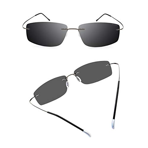 RONSOU Gafas de Sol de Los Hombres Moda Ultraligeras Polarizadas Sin Montura Titanio para Conducir Al Aire Libre Marco Gris Lente Gris
