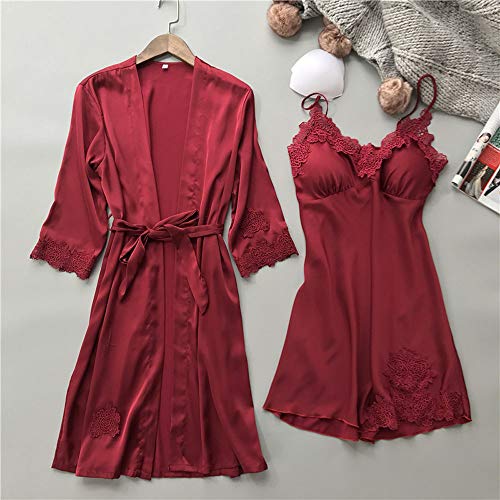 Ropa de Dormir para Mujeres,SHOBDW Regalo del día de San Valentín Babydolls Lencería Sexy Vestido de Seda Vestido de Bata Kimono Conjunto Tallas Grandes Ropa de Dormir 2PCS(Vino,XL)