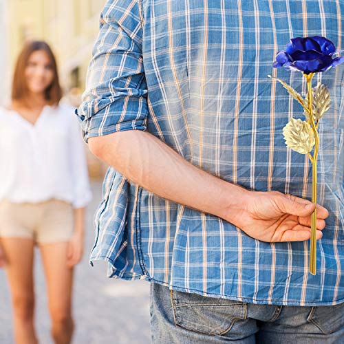 Rosa Artificial de Hoja de Oro con Base de Marco de Foto de Amor y Tarjeta de Felicitación, Flor de Plástico Regalo Romántico Rosa para Novia Esposa Encantadora Dama Amante en San Valentín (Azul Real)