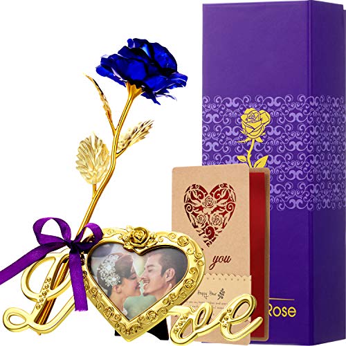 Rosa Artificial de Hoja de Oro con Base de Marco de Foto de Amor y Tarjeta de Felicitación, Flor de Plástico Regalo Romántico Rosa para Novia Esposa Encantadora Dama Amante en San Valentín (Azul Real)