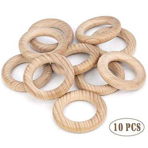 RUBY - 10 Pcs Mordedor de Madera Natural, Aros de Madera Dentición, Juguetes de Madera Bebé Masticar, Anillas de Madera para Artesanía, Manualidades, Herramientas (Ø 5.4cm / 2,12in)