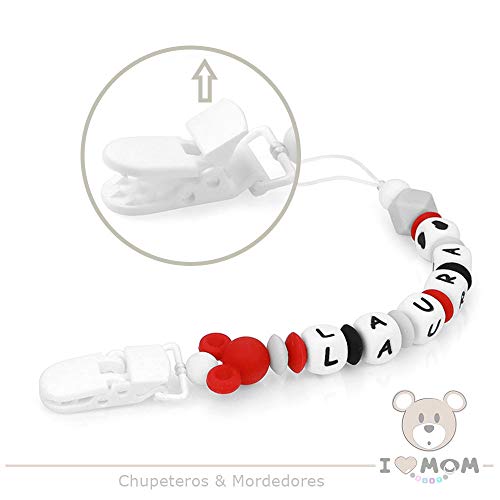 RUBY - Chupetero Personalizado para Bebe con Nombre Bola Silicona Antibacteriana con Pinza de plástico (Rojo)