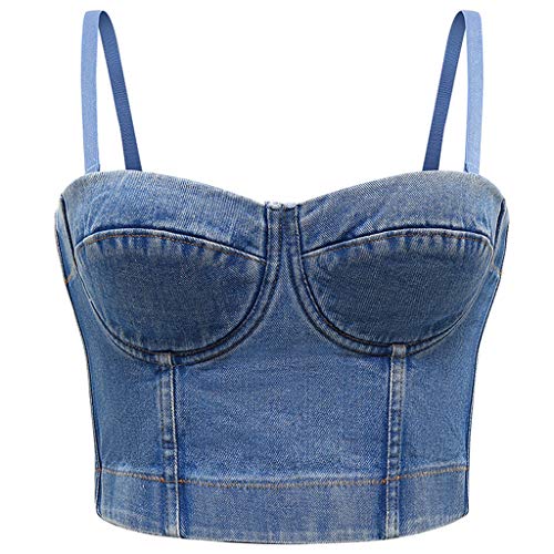 ruiruiNIE Top Corto sin Mangas de Verano para Mujer Retro Denim Push Up Bustier Correas de Espagueti Desmontables Camis Corset Night Club Party Vest Bralette