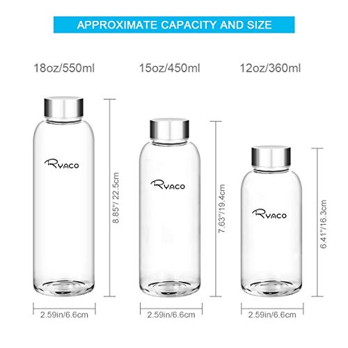 Ryaco Botella de Agua Cristal 360ml, Botella de Agua Reutilizable 12 oz, Sin BPA Antideslizante Protección Neopreno Llevar Manga con Acero Inoxidable Tapas Elegante de Borosilicato Botella