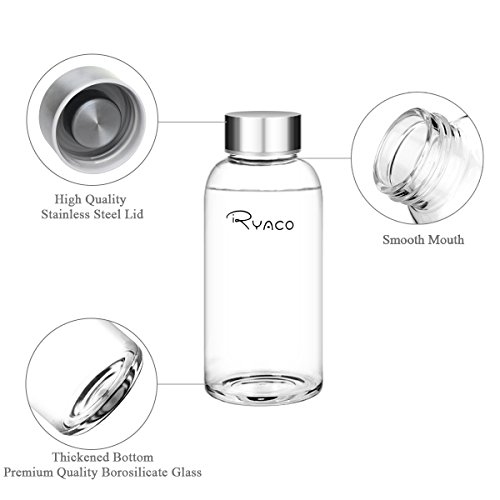 Ryaco Botella de Agua Cristal 360ml, Botella de Agua Reutilizable 12 oz, Sin BPA Antideslizante Protección Neopreno Llevar Manga con Acero Inoxidable Tapas Elegante de Borosilicato Botella