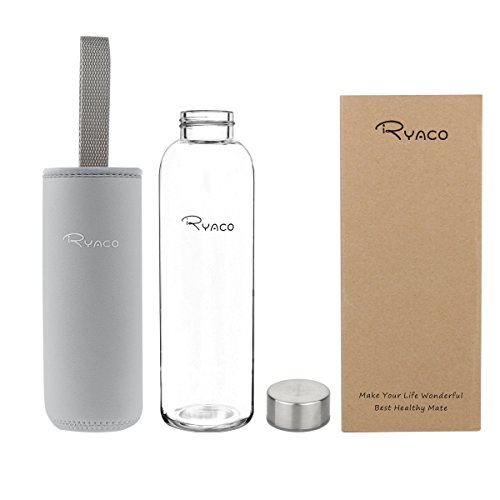 Ryaco Botella de Agua Cristal 550ml, Botella de Agua Reutilizable 18 oz, Sin BPA Antideslizante Protección Neopreno Llevar Manga y Cepillo de Esponja